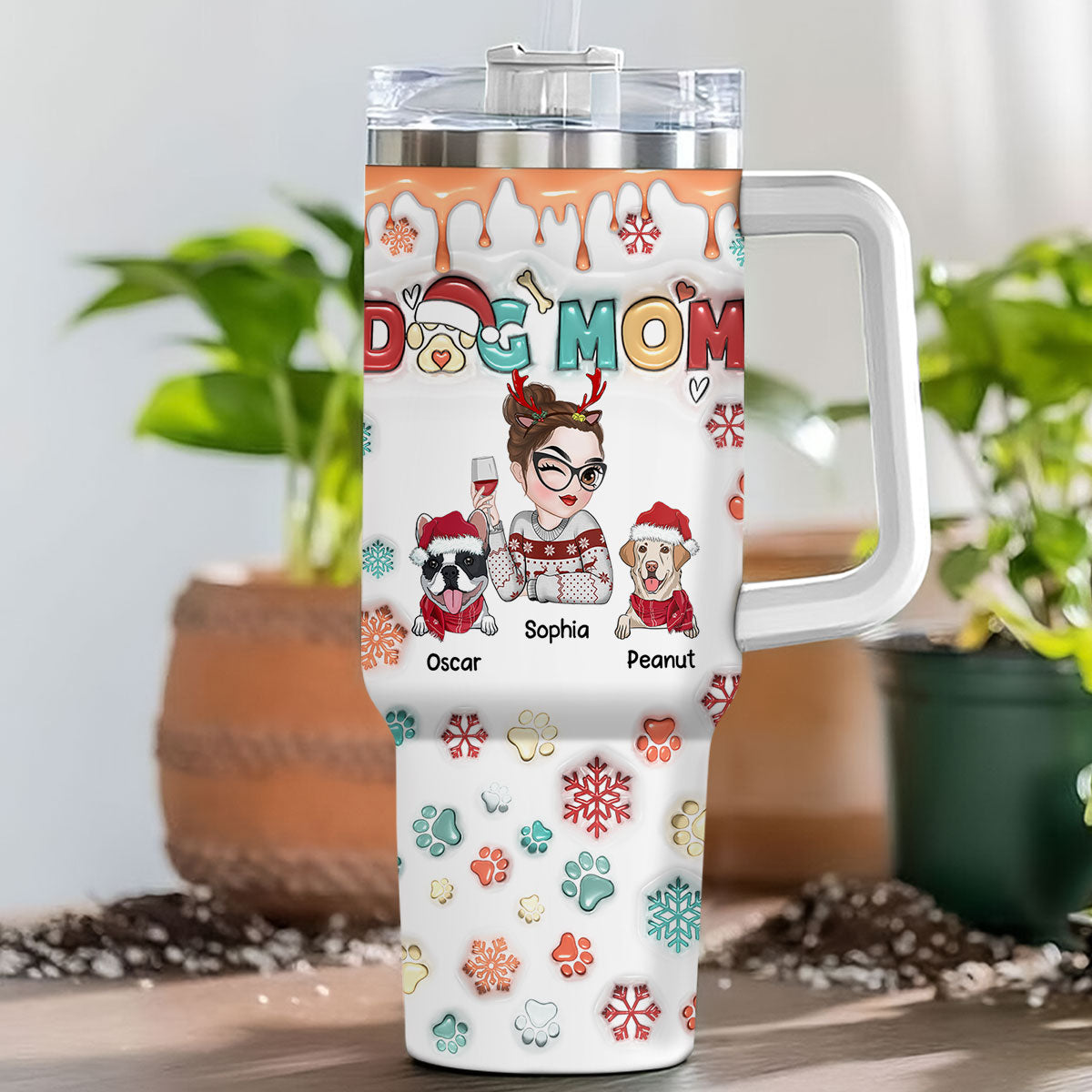 Custom Mother's day Birthday Gifts For Dog Mom, Dog Lovers • Mom Of Dogs Christmas Ver 2 - Personalized 3D Inflated Effect Printed 40 Oz Tumbler
