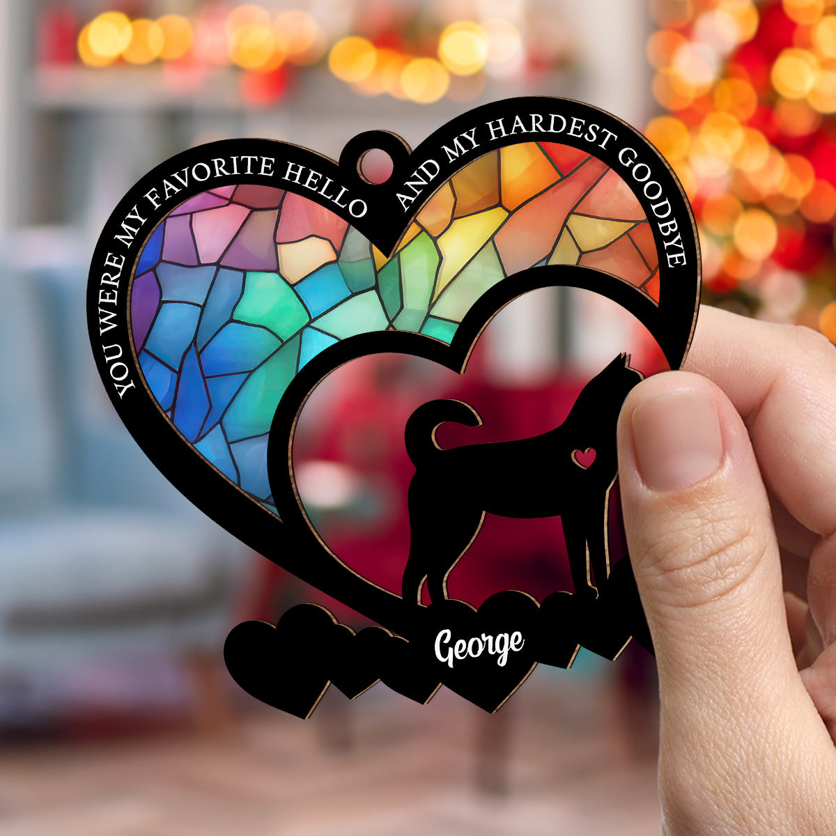 Custom Christmas Memorial Sympathy Gifts For Dogs, Cats • Favorite Hello And Hardest Goodbye - Personalized Suncatcher Ornament