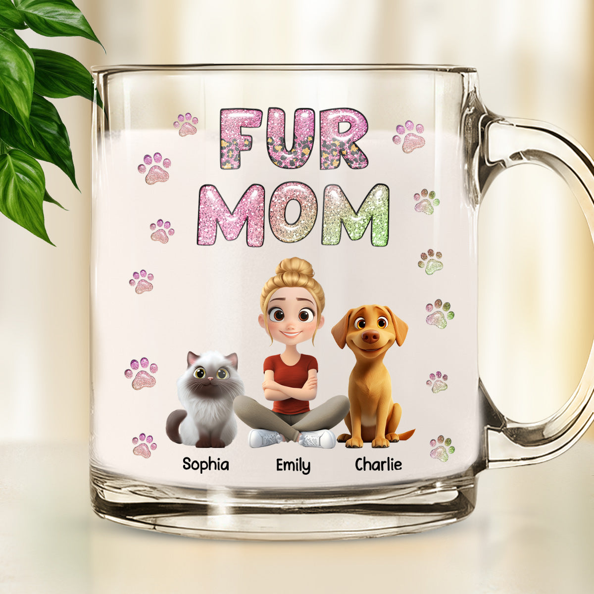 Custom Christmas Birthday Gifts For Dog Mom, Dog Lovers • Fur Mom Lovely Chibi - Personalized 3D Inflated Effect Glass Mug