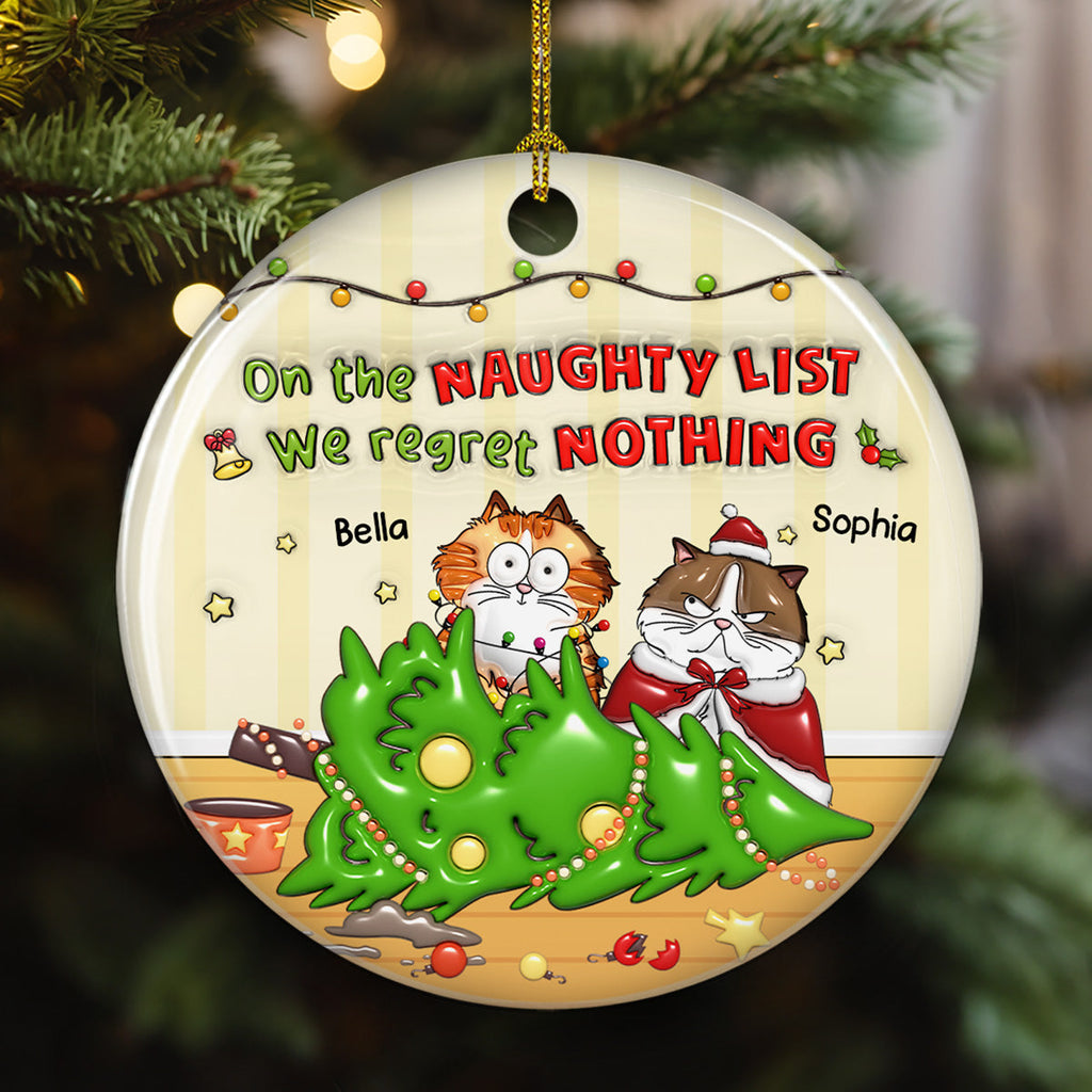 Custom Christmas Decor Home Birthday Gifts For Cat Lovers • Naughty List Catmas - Personalized 3D Inflated Effect Ceramic Ornament