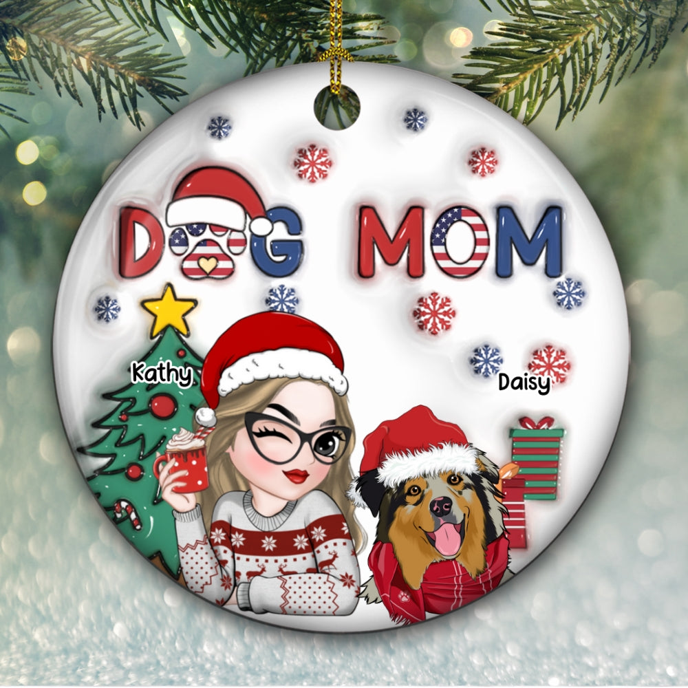 Custom Christmas Decor Home Birthday Gifts For Dog Mom, Dog Lovers • American Dog Mom Christmas - Personalized 3D Inflated Effect Ceramic Ornament