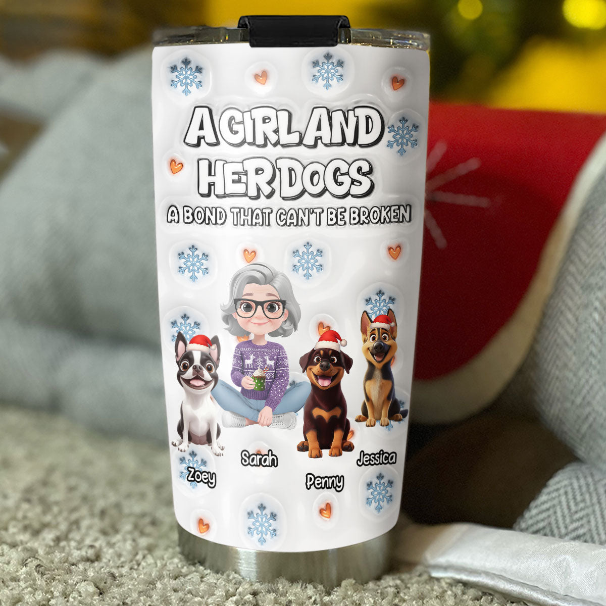 Custom Christmas Birthday Gifts For Dog Mom, Dog Lovers • Christmas Day With Dog Mom Ver 2 - Personalized 3D Inflated Effect Tumbler