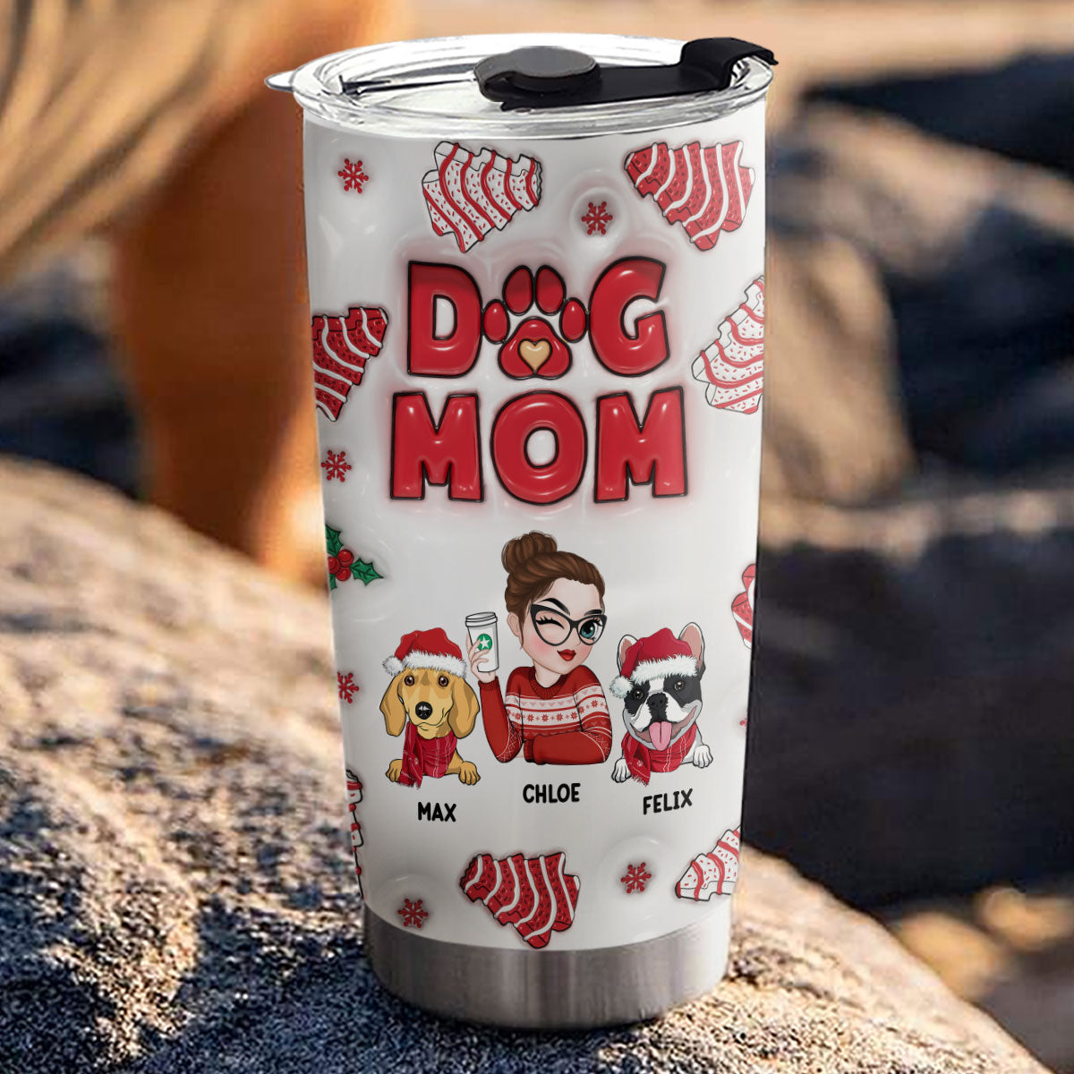 Custom Mother's day Birthday Gifts For Pet Mom, Pet Lovers • Dog Mom Christmas Cake - Personalized 3D Inflated Effect Tumbler
