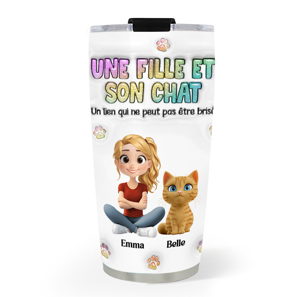 Custom Christmas Birthday Gifts For Cat Mom, Cat Lovers • Gobelet Personnalisé En Effet 3D Gonflé - Une Fille Et Son Chat