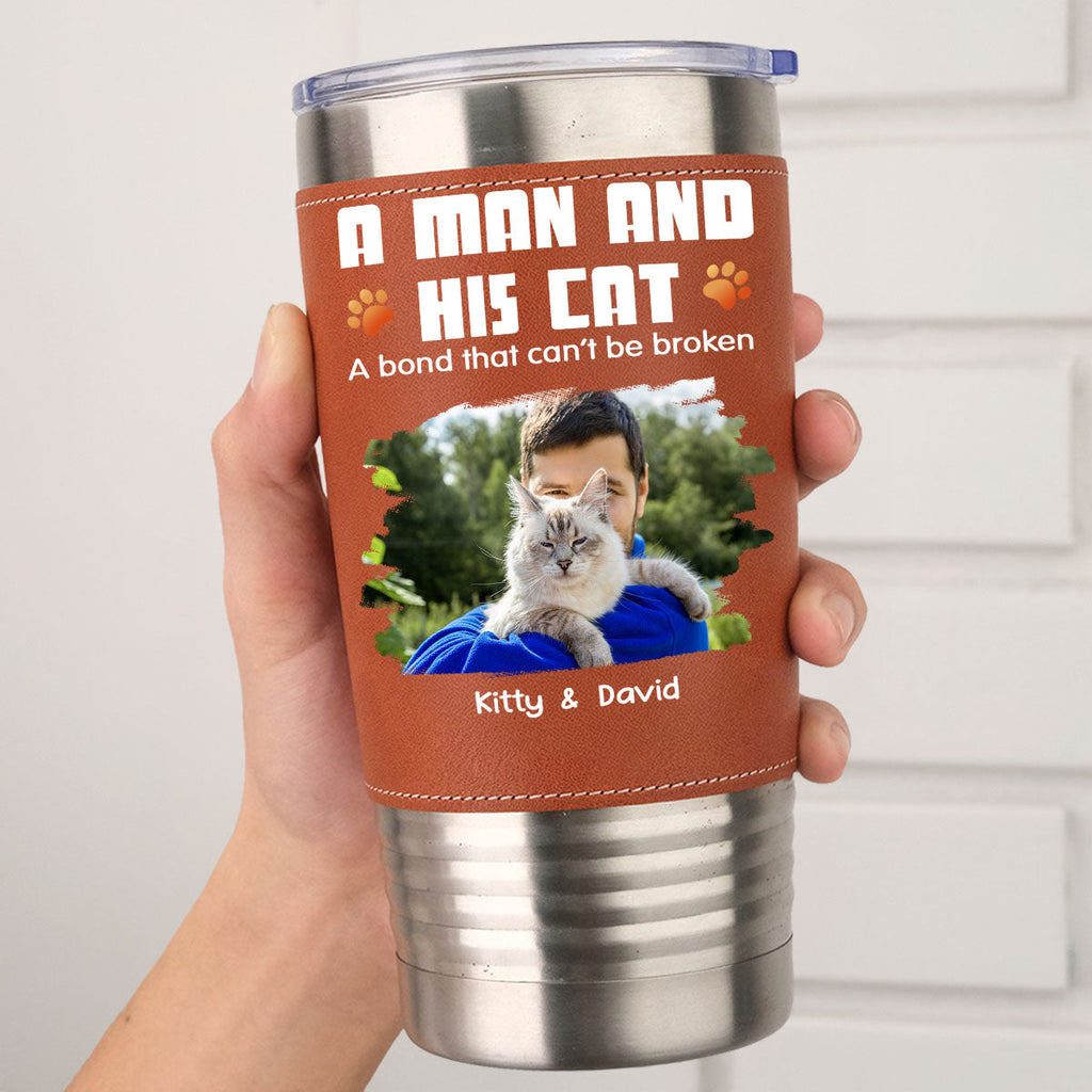 Custom Photo Christmas Birthday Gifts For Cat Lovers • Human And Their Cat Cartoon Christmas Photo - Personalized Leather Tumbler