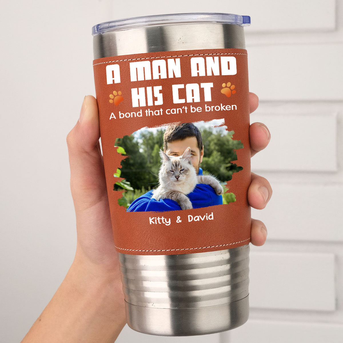 Custom Photo Christmas Birthday Gifts For Cat Lovers • Human And Their Cat Cartoon Christmas Photo - Personalized Leather Tumbler