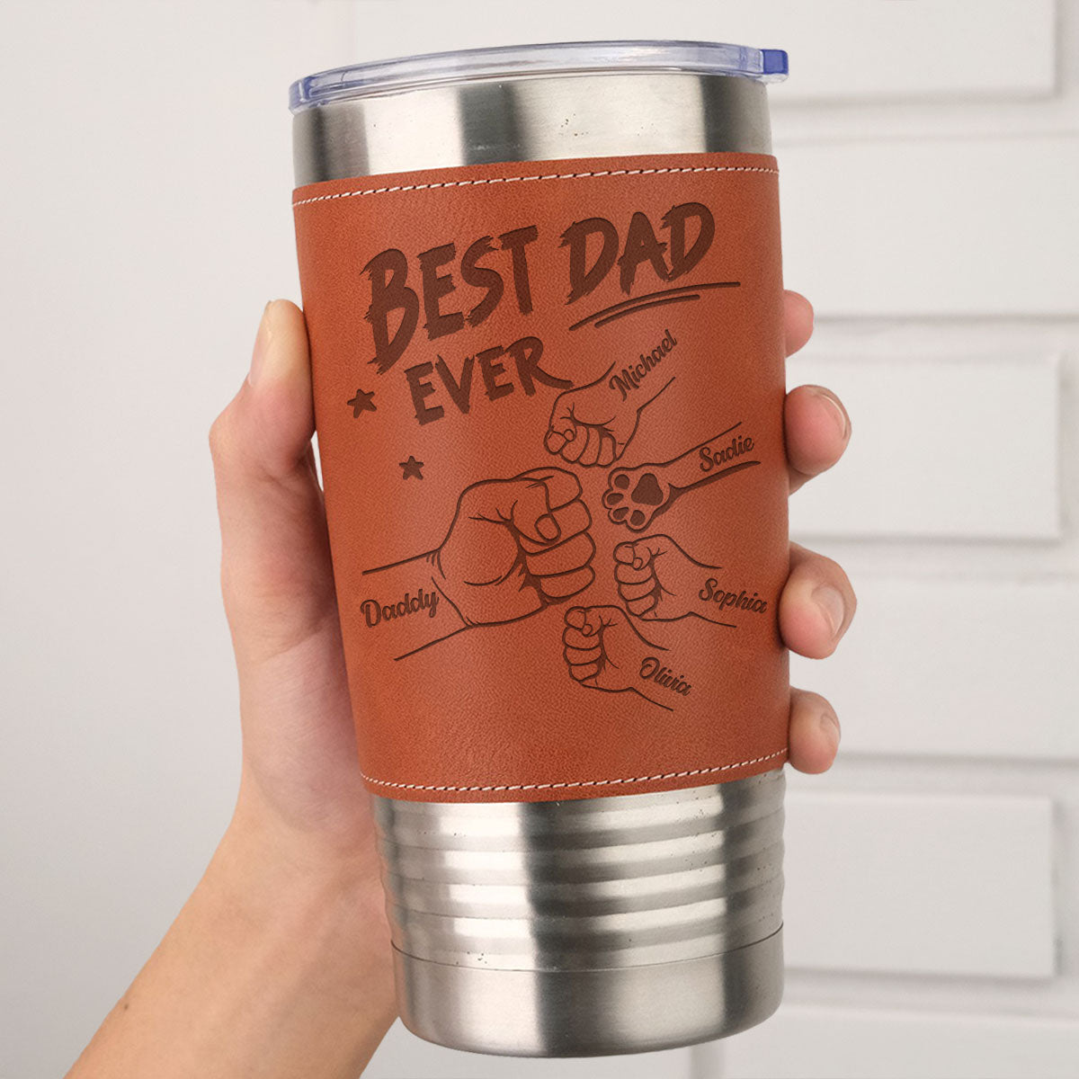 Custom Father's day Birthday Gifts For Dog Dad, Dog Lovers • Best Dad Ever - Personalized Engraved Leather Tumbler