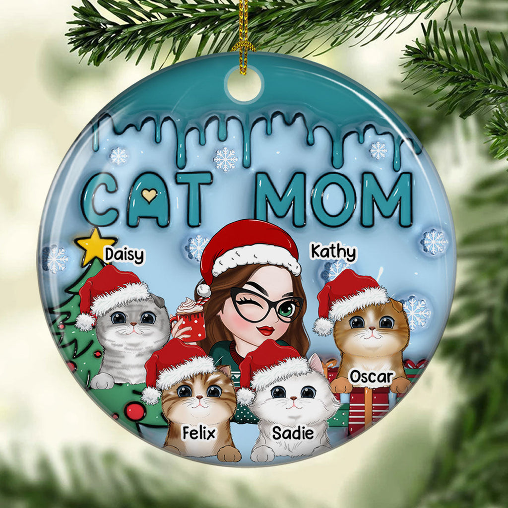 Custom Christmas Decor Home Birthday Gifts For Cat Mom, Cat Lovers • Lovely Cat Mom - Personalized 3D Inflated Effect Ceramic Ornament
