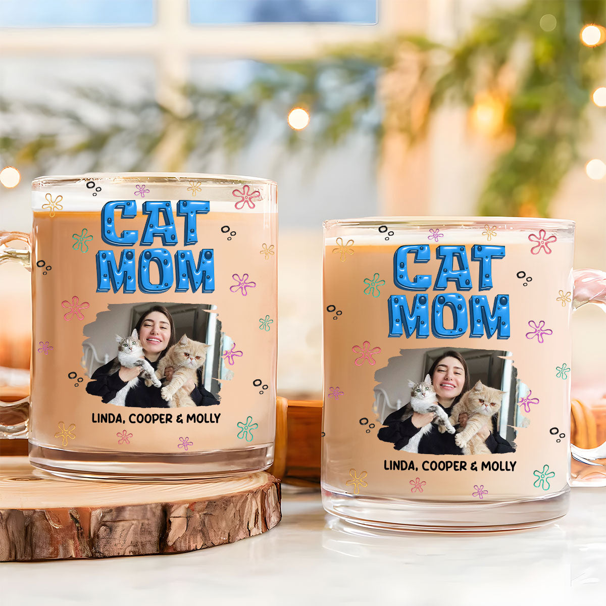 Custom Photo Christmas Birthday Gifts For Cat Mom, Cat Lovers • Sponge Cat Mom Photo - Personalized 3D Inflated Effect Glass Mug