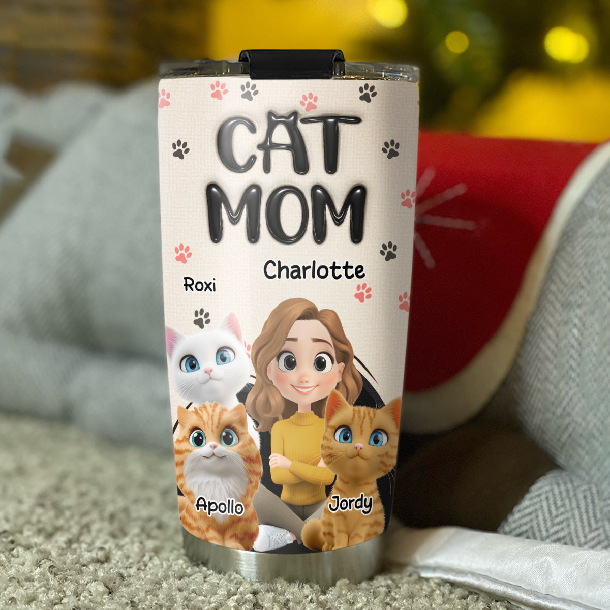 Custom Christmas Birthday Gifts For Cat Mom, Cat Lovers • Mom Love Cat The Most - Personalized 3D Inflated Effect Tumbler