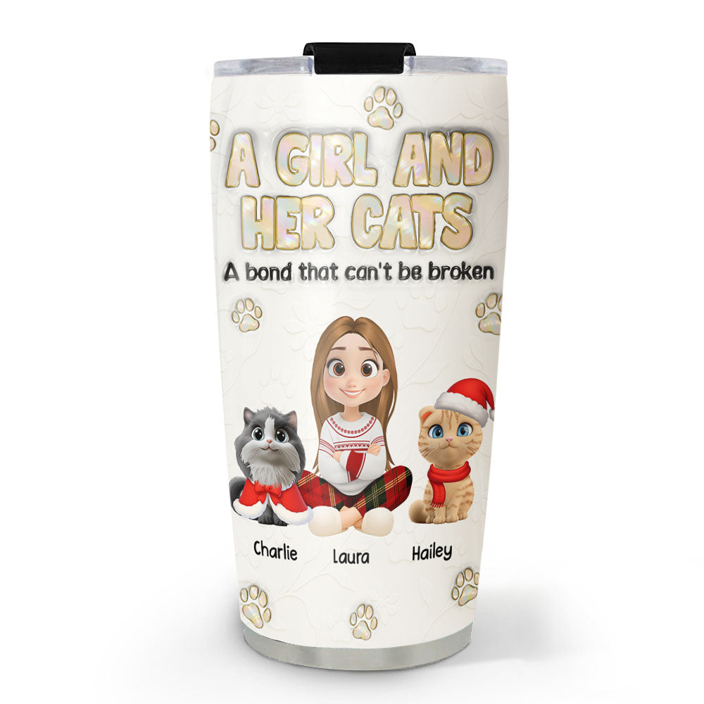 Custom Christmas Birthday Gifts For Pet Mom, Pet Lovers • A Girl And Her Cat Ver Pearl - Personalized 3D Inflated Effect Tumbler