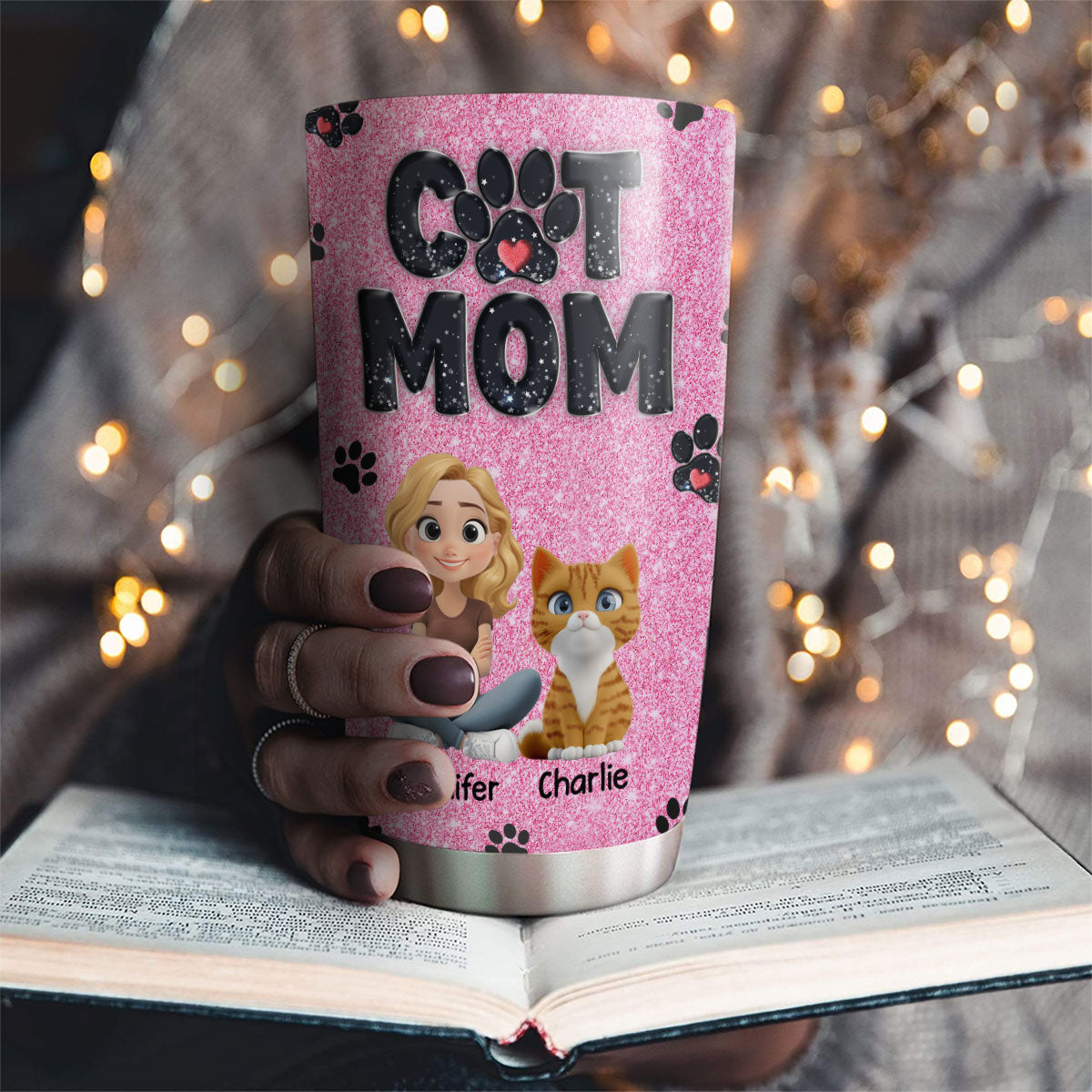 Custom Christmas Birthday Gifts For Cat Mom, Cat Lovers • Lovely Cat Mom Blink - Personalized Tumbler