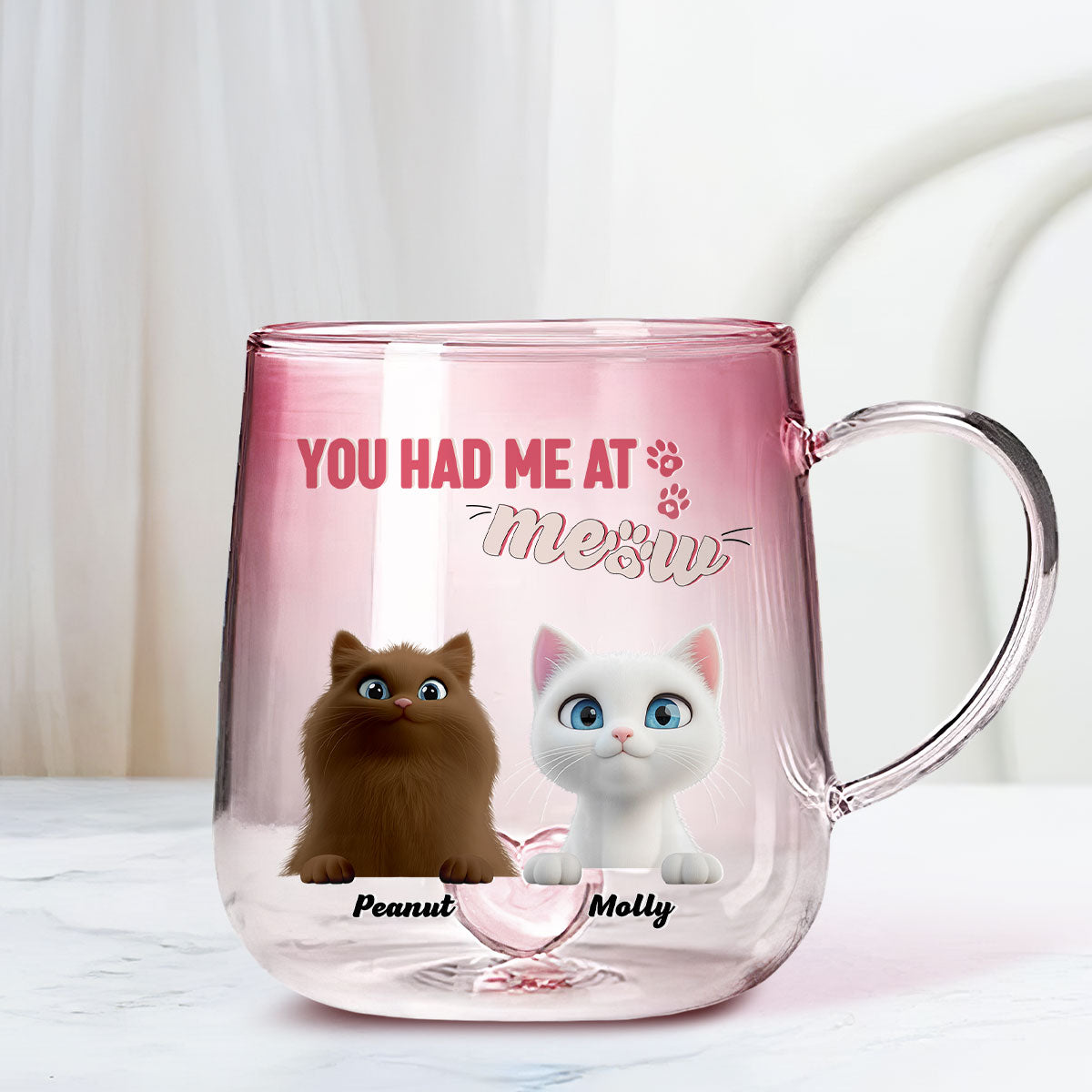 Custom Mother's day Birthday Gifts For Cat Mom, Cat Lovers • You Had Me At Meow - Personalized Pink Gradient Glass Mug