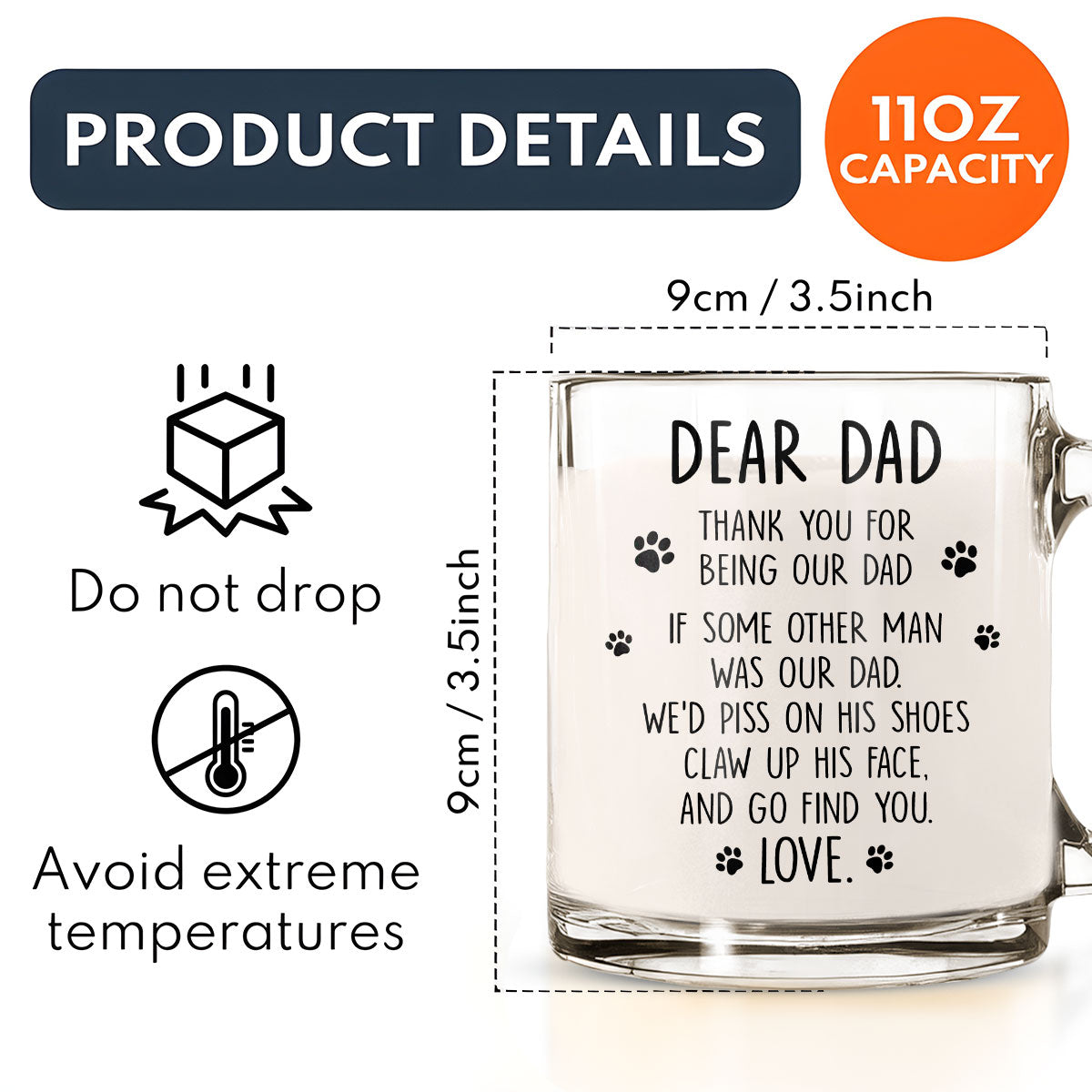 Custom Father's day Birthday Gifts For Cat Dad, Cat Lovers • Thanks Dad - Personalized Glass Mug