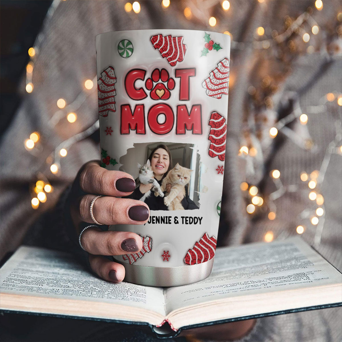 Custom Christmas Birthday Gifts For Pet Lovers • Cat Mom Christmas Cake Photo - Personalized 3D Inflated Effect Tumbler