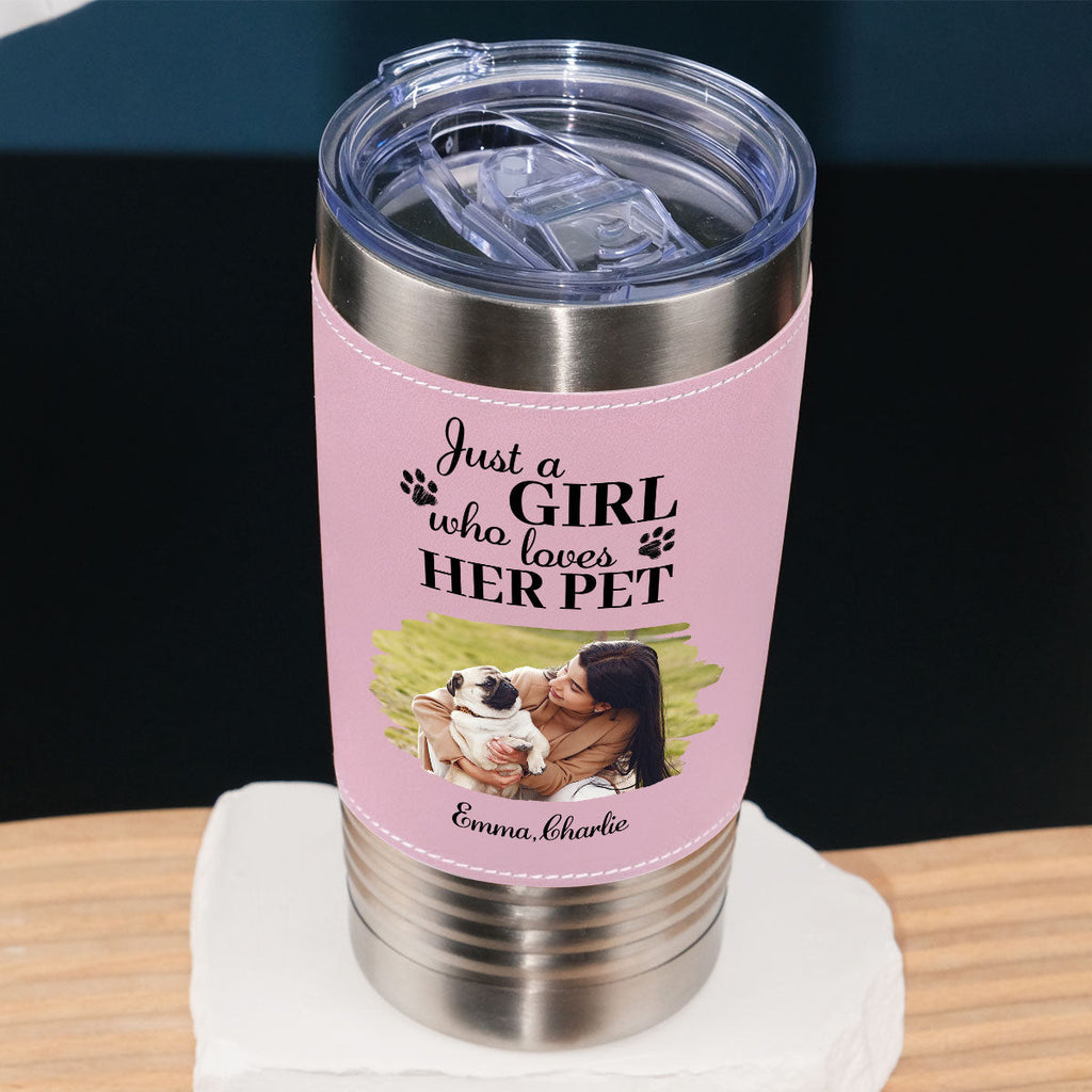 Custom Photo Christmas Birthday Gifts For Pet Mom, Pet Lovers • Pumskin Pet Autumn Photo - Personalized Pink Leather Tumbler
