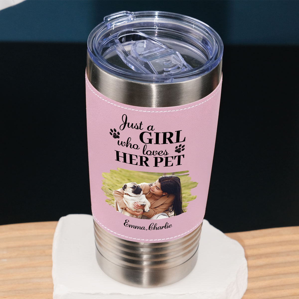 Custom Photo Christmas Birthday Gifts For Pet Mom, Pet Lovers • Pumskin Pet Autumn Photo - Personalized Pink Leather Tumbler