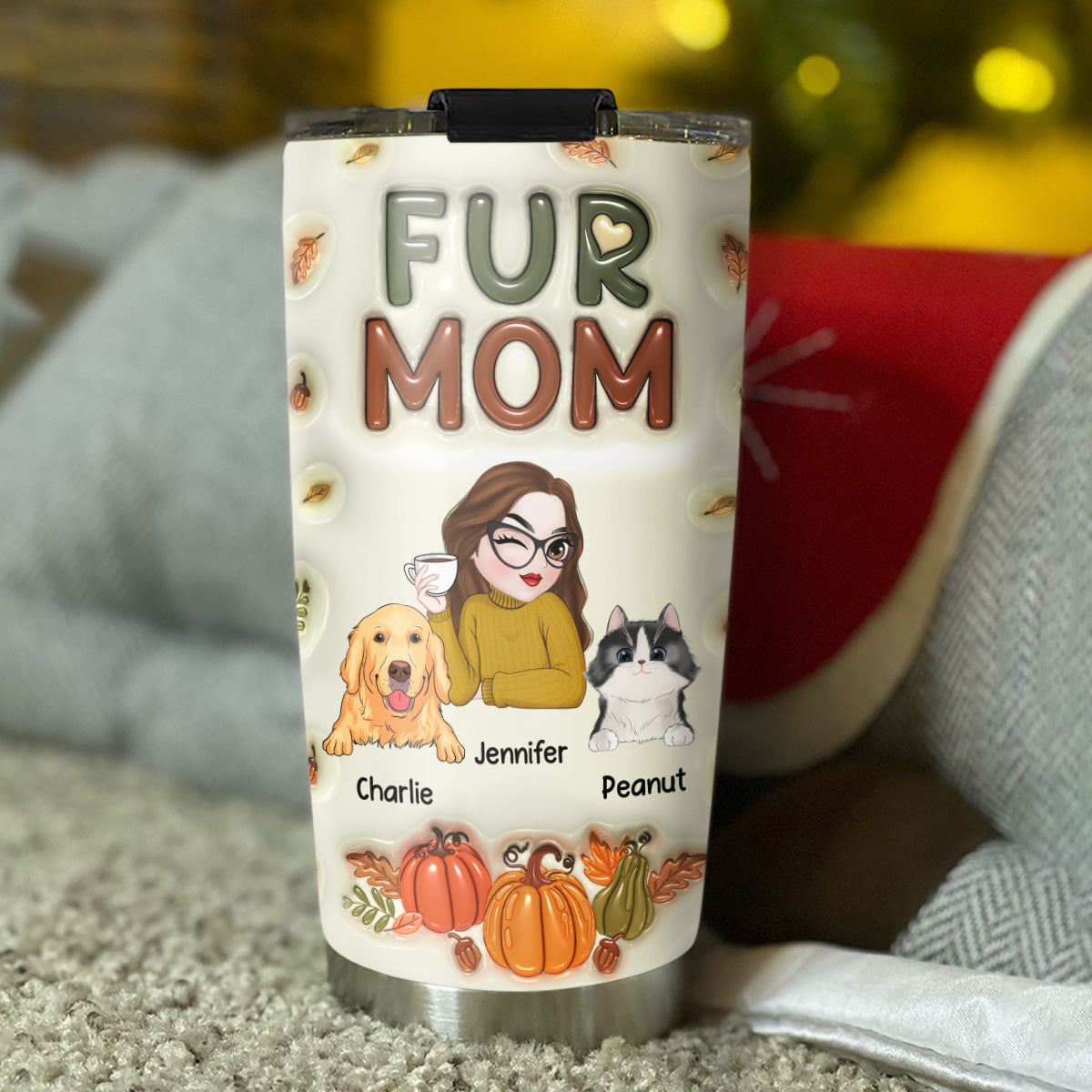 Custom Christmas Birthday Gifts For Pet Lovers • Fur Mom Autumn Version - Personalized 3D Inflated Effect Tumbler