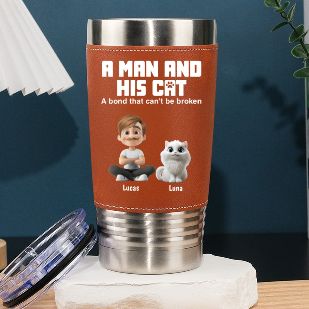 Custom Father's day Birthday Gifts For Cat Dad, Cat Lovers • A Man And His Cats - Personalized Leather Tumbler