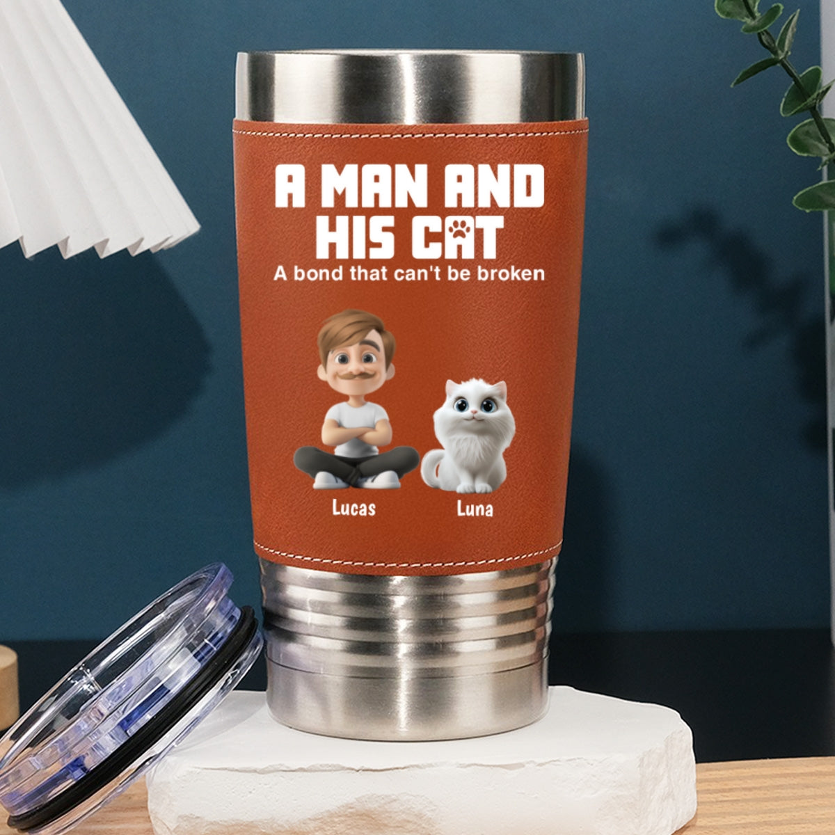 Custom Father's day Birthday Gifts For Cat Dad, Cat Lovers • A Man And His Cats - Personalized Leather Tumbler
