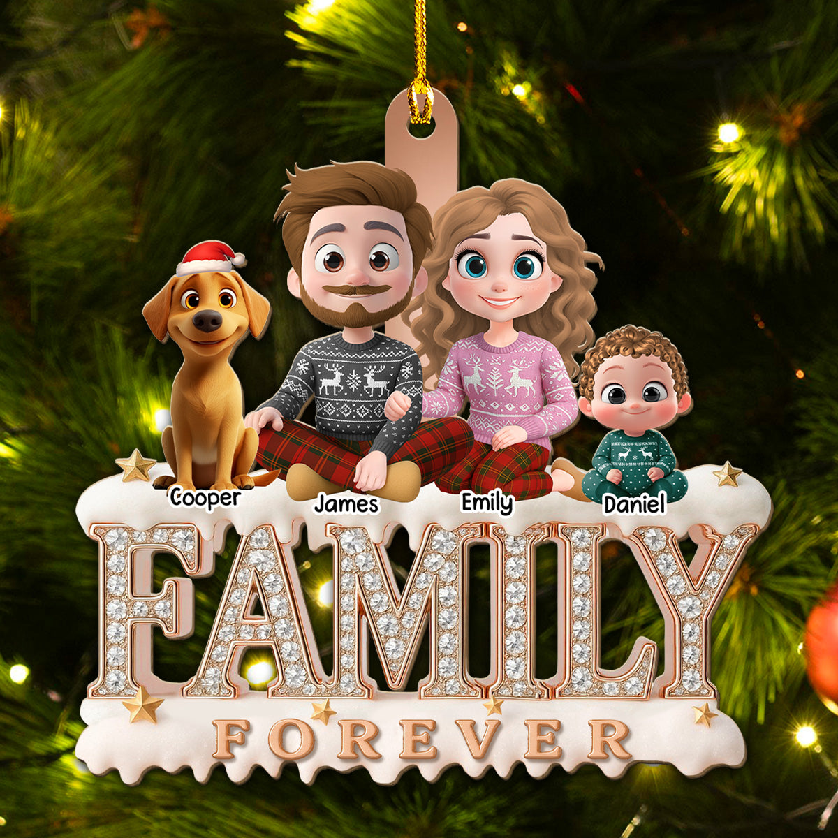 Custom Christmas Family Dog Dad And Mom • Forever Blessed With This Family - Personalized 3D Effect Wood Ornament