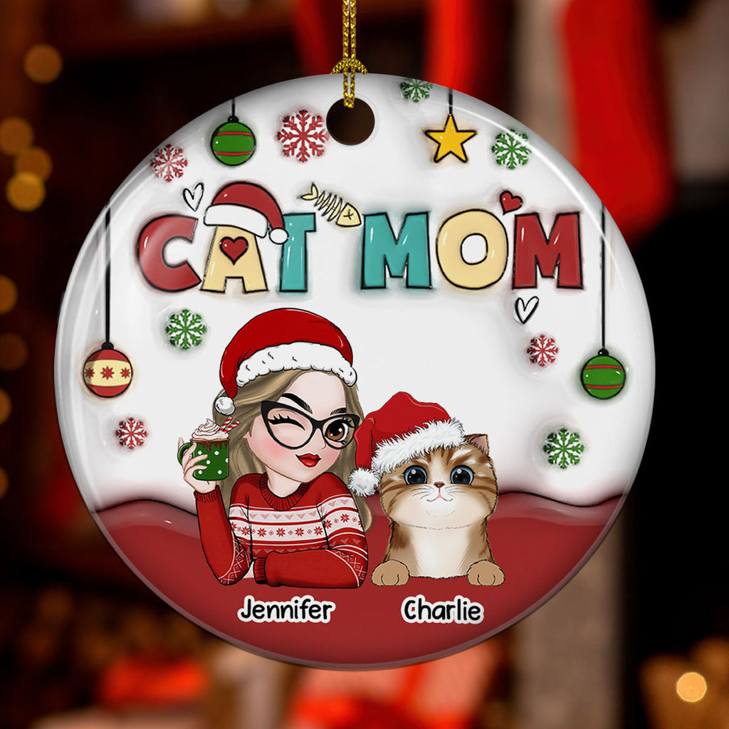 Custom Christmas Decor Home Birthday Gifts For Cat Mom, Cat Lovers • Mom Of Cats- Personalized 3D Inflated Effect Ceramic Ornament